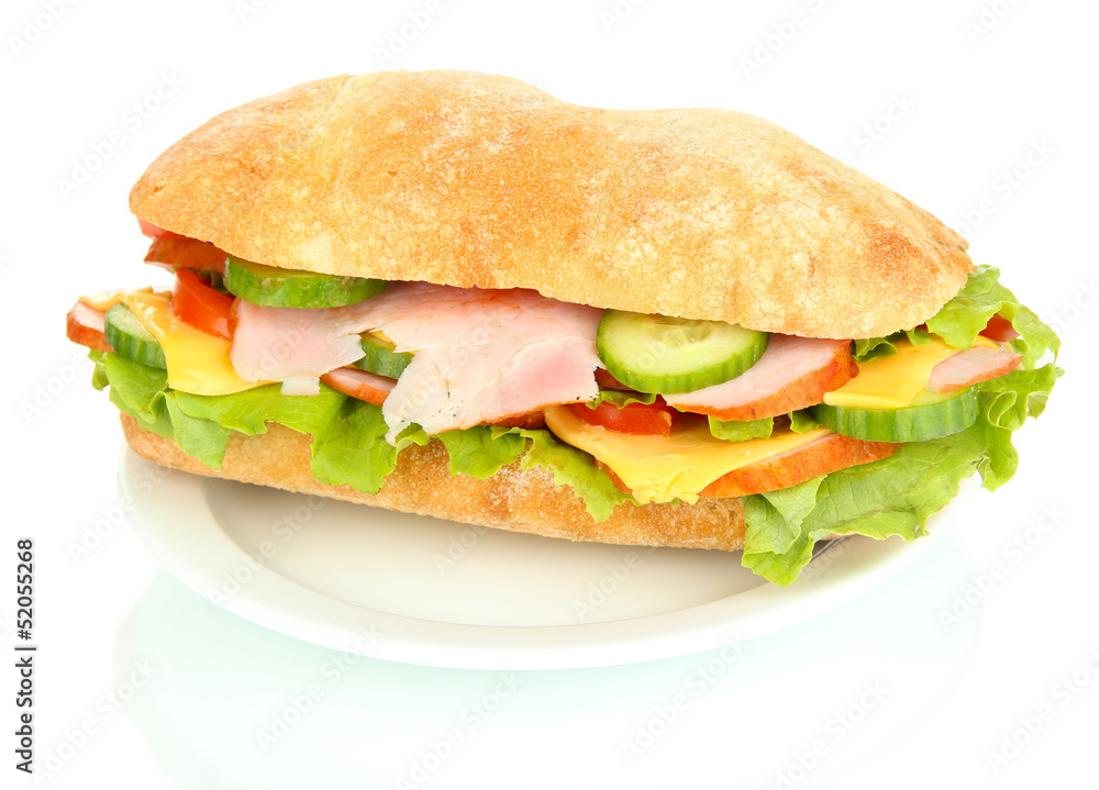 Fresh and tasty sandwich with ham and vegetables isolated