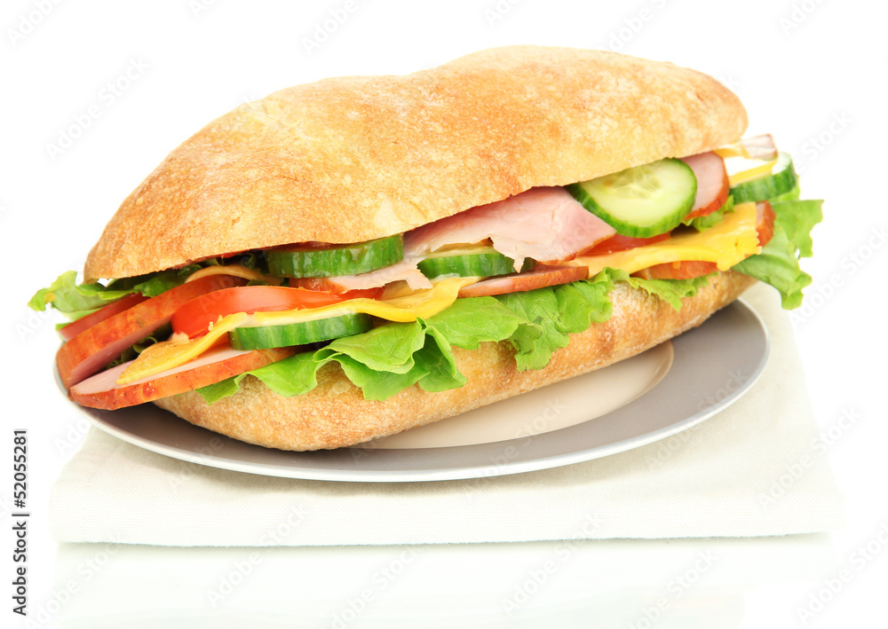 Fresh and tasty sandwich with ham and vegetables isolated Fresh and tasty sandwich with ham and vegetables isolated
