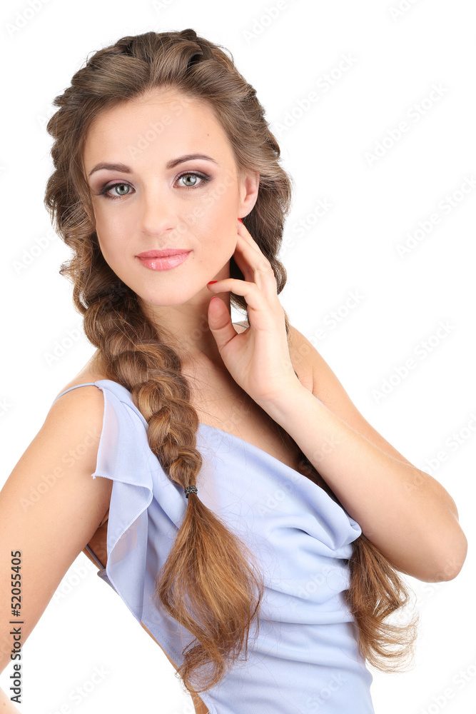 Young woman with beautiful hairstyle, isolated on white Young woman with beautiful hairstyle, isolated on white