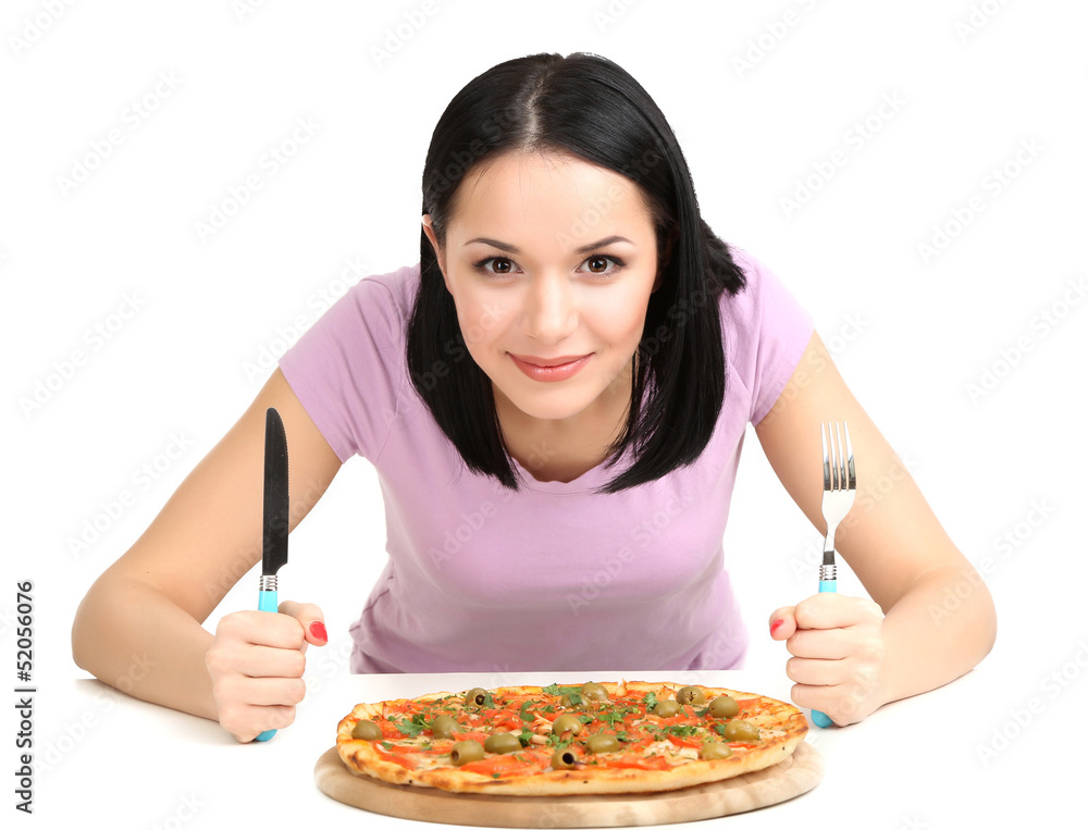 Beautiful girl wants to eat pizza isolated on white Beautiful girl wants to eat pizza isolated on white