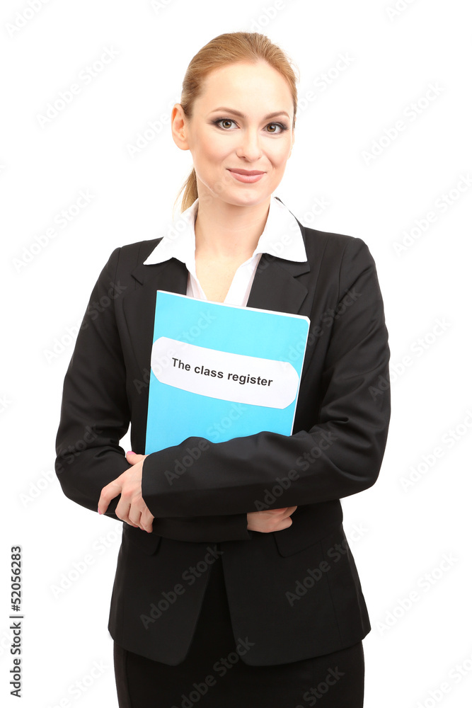 Portrait of teacher woman with class register, isolated on Portrait of teacher woman with class register, isolated on