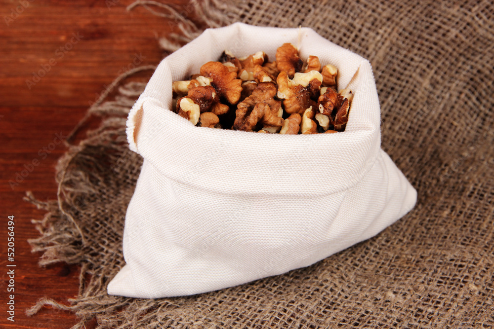 Nuts in sack on wooden background Nuts in sack on wooden background