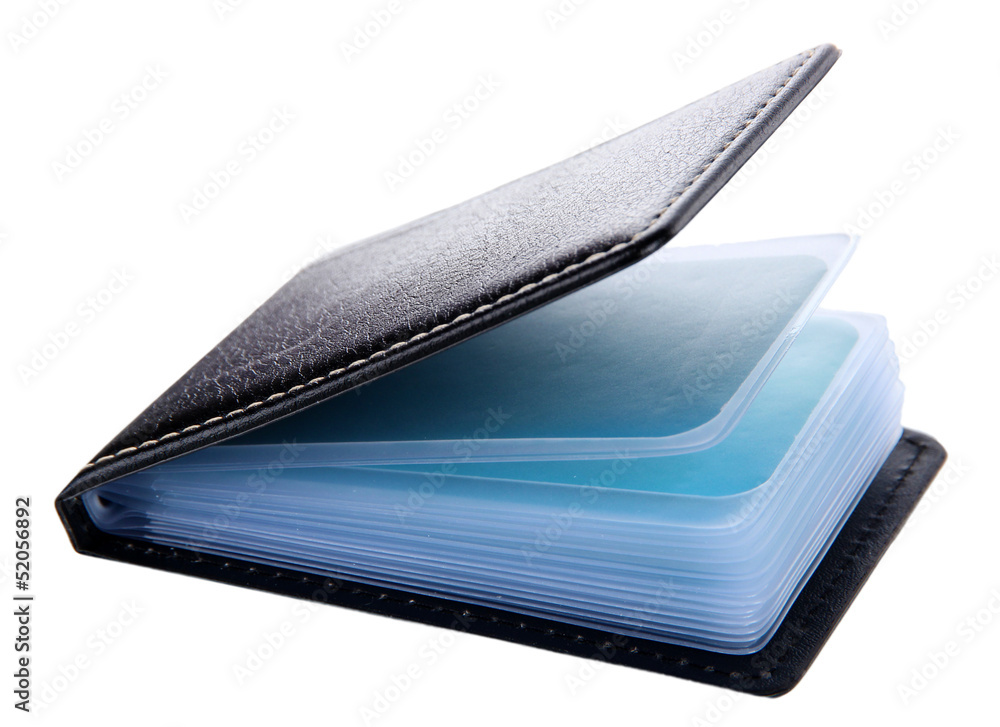 Black business card holder close-up Black business card holder close-up