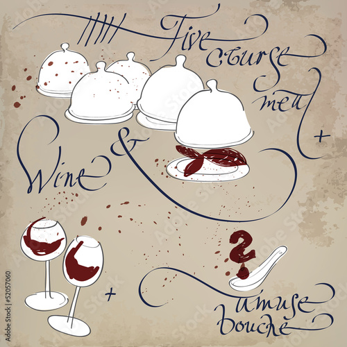 Five-course meal with amuse bouche and wine / Vintage card