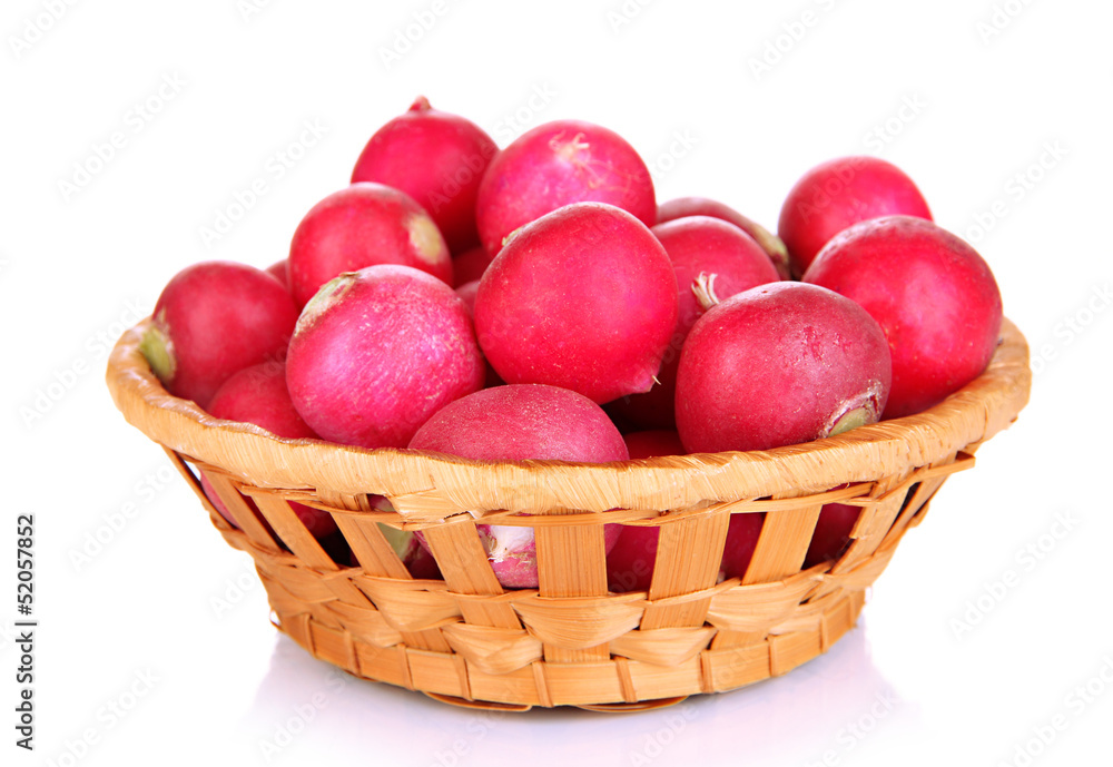 Small garden radish in wicker basket isolated on white Small garden radish in wicker basket isolated on white