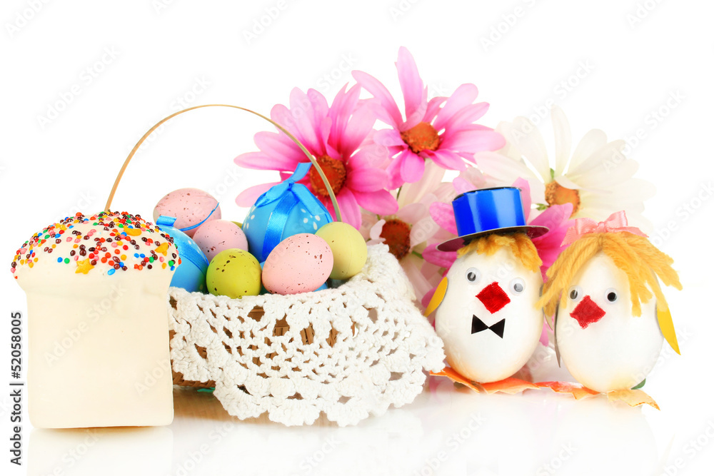 Easter eggs and two chicken toys isolated on white