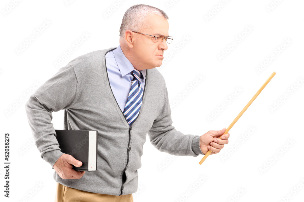 An angry mature teacher holding a wand and gesturing