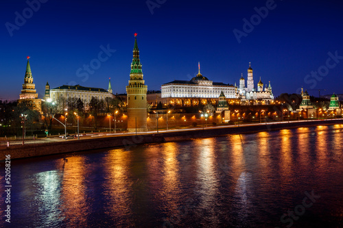 Moscow Kremlin Embankment and Vodovzvodnaya Tower in the Night,