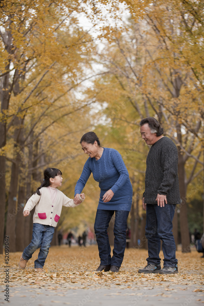 Grandparents and granddaughter playing in park