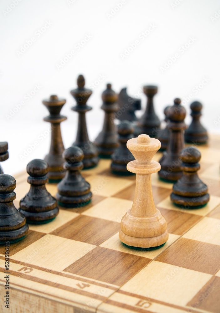 Queen is checking the king. chess pieces on a chess board on a w Queen is checking the king. chess pieces on a chess board on a w