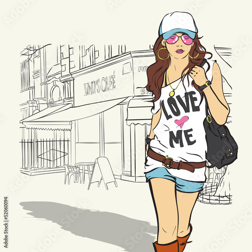 Cute girl in sketch-style on a street cafe background. Vector il