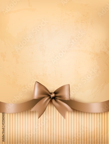 Retro background with old paper and gift bow and ribbon. Vector