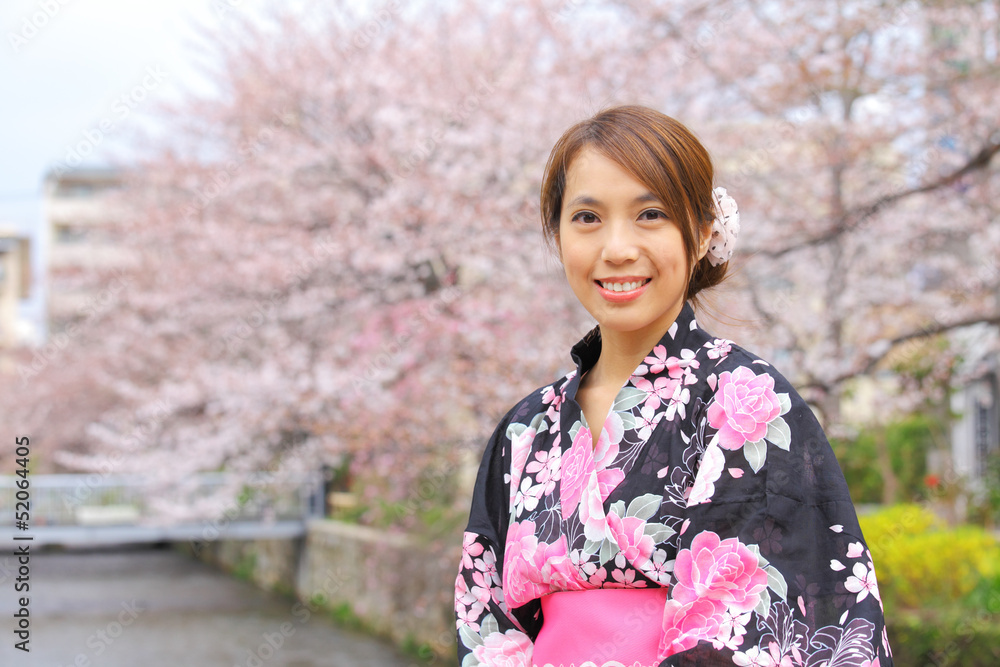 Japanese woman wearing kimono with cherry blossom Japanese woman wearing kimono with cherry blossom