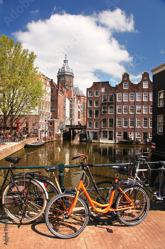 Photography Amsterdam city with bikes on the bridge, Holland