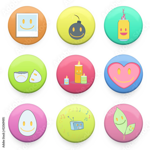 Collection of colorful badges with concept icon inside. 