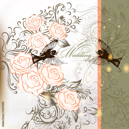 Elegant wedding background with roses, swirl and birds