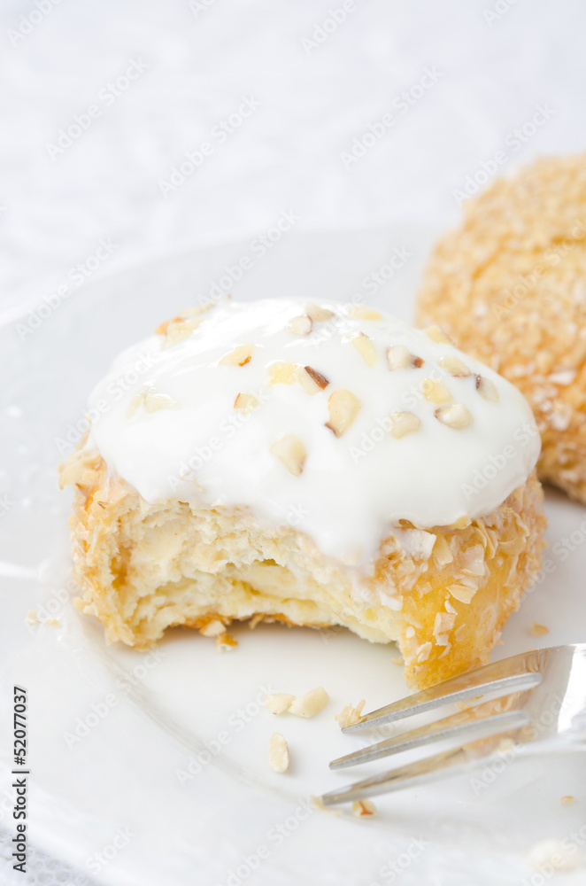 close-up of cottage cheese pancakes with yoghurt and nuts