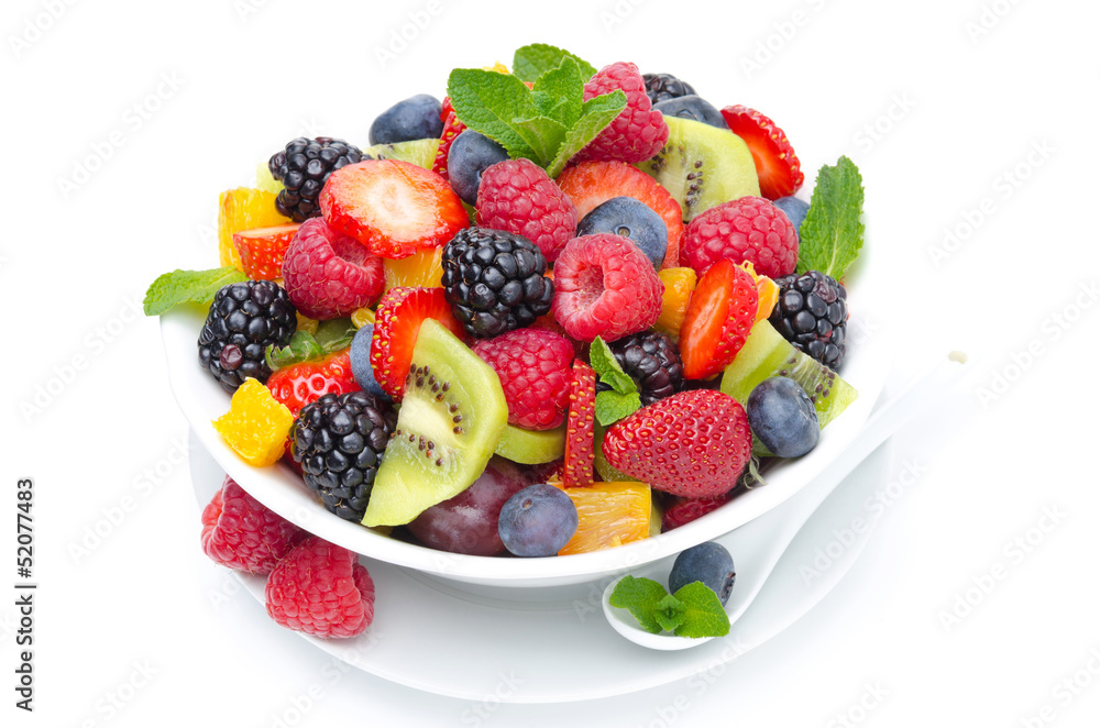 salad of fresh fruit and berries in a bowl isolated on white salad of fresh fruit and berries in a bowl isolated on white