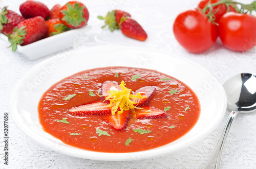 tomato and strawberry gazpacho, fresh berries and tomatoes