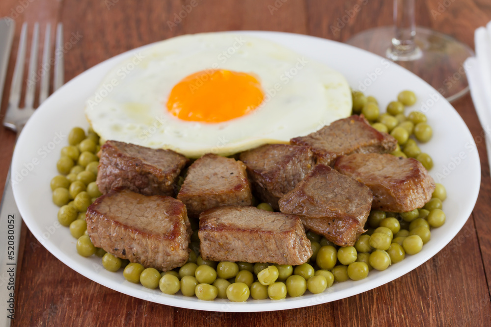meat with peas and fried egg on the plate