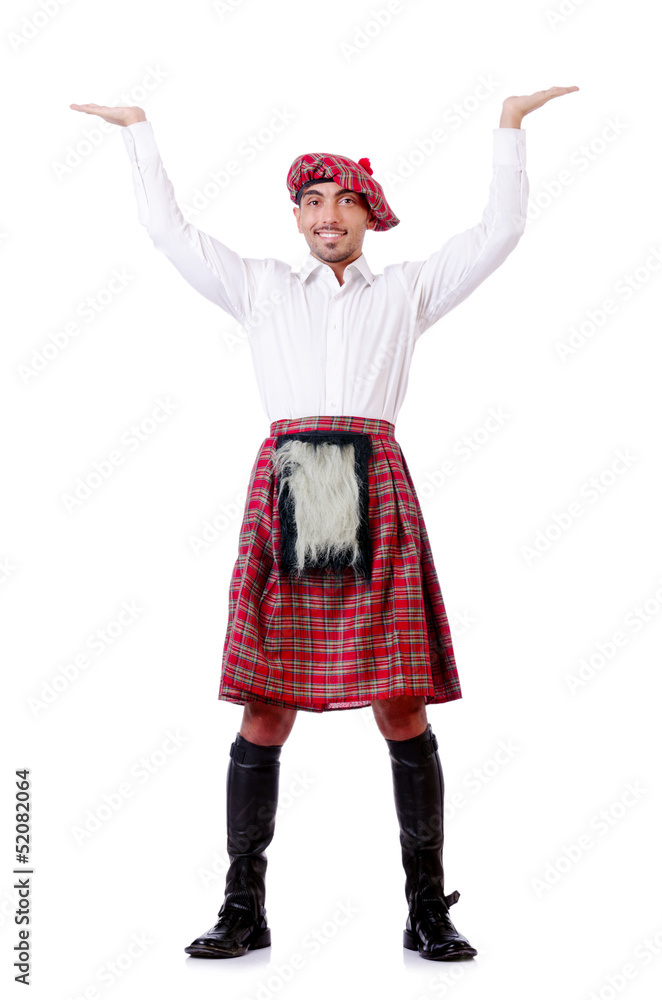 Scottish man pushing virtual obstacle Scottish man pushing virtual obstacle
