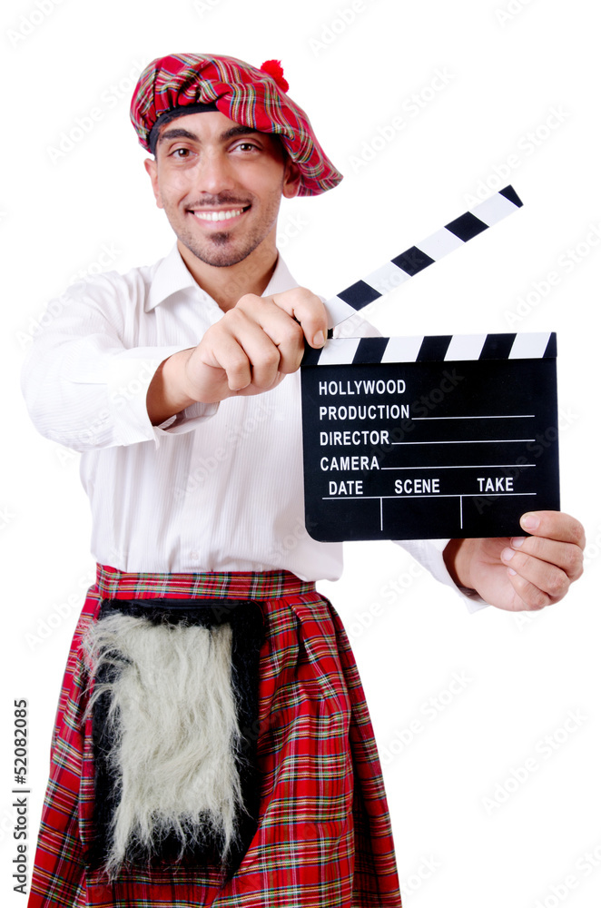 Scotsman with movie board on white Scotsman with movie board on white