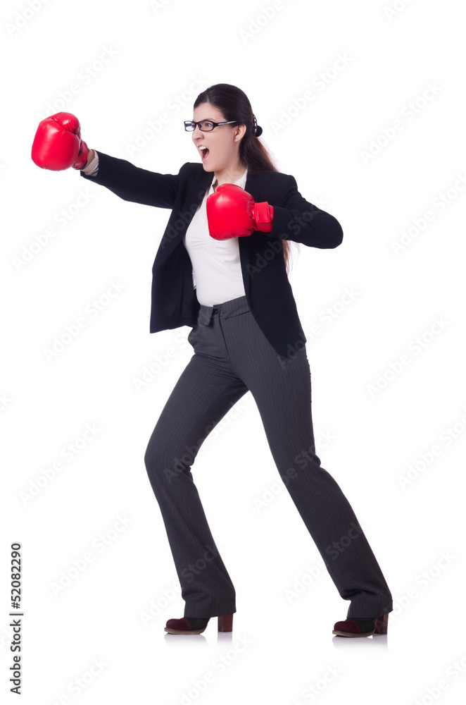 Businesswoman in boxing concept on white Businesswoman in boxing concept on white