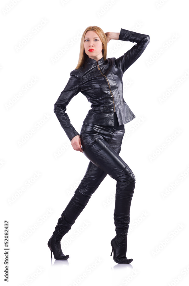 Tall model in leather costume on white