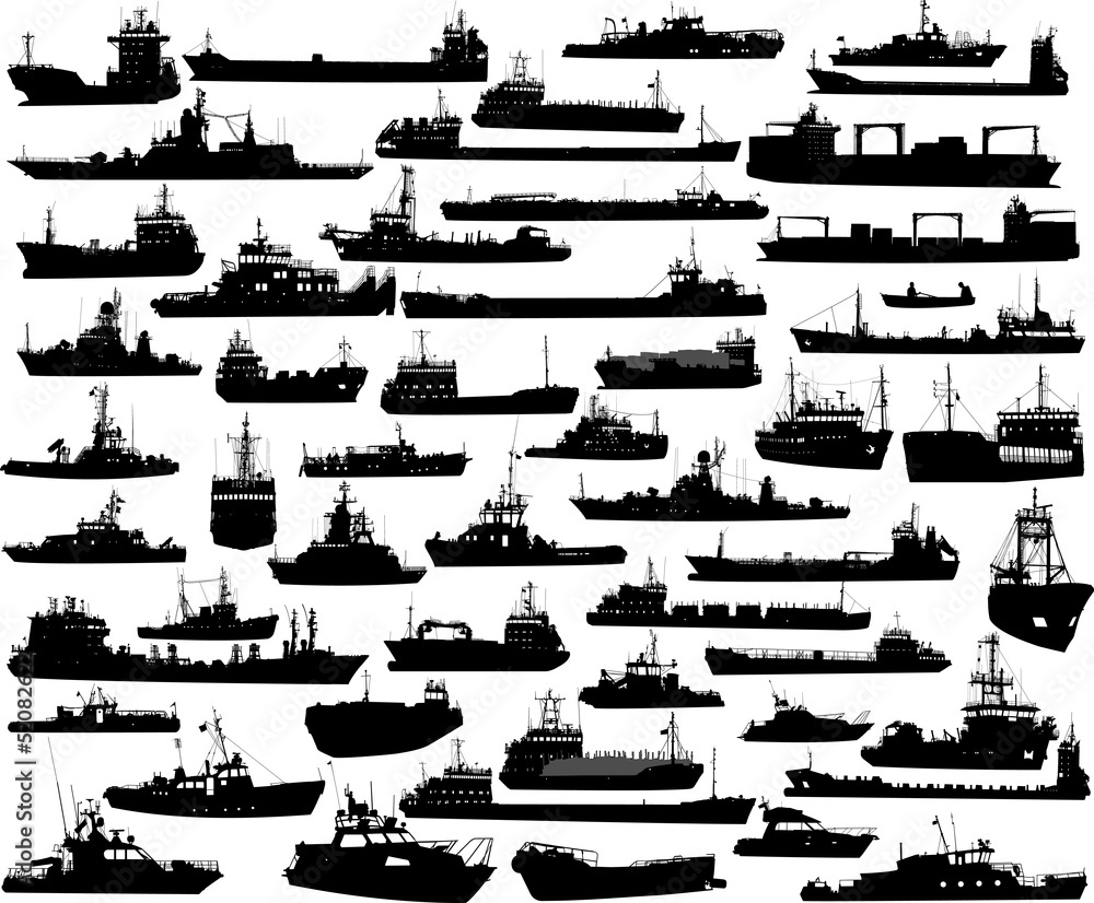 Set of 52 silhouettes of sea yachts, towboat and the ships