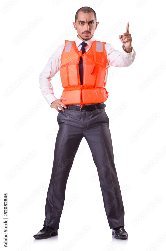 Man in life jacket isolated on white Man in life jacket isolated on white