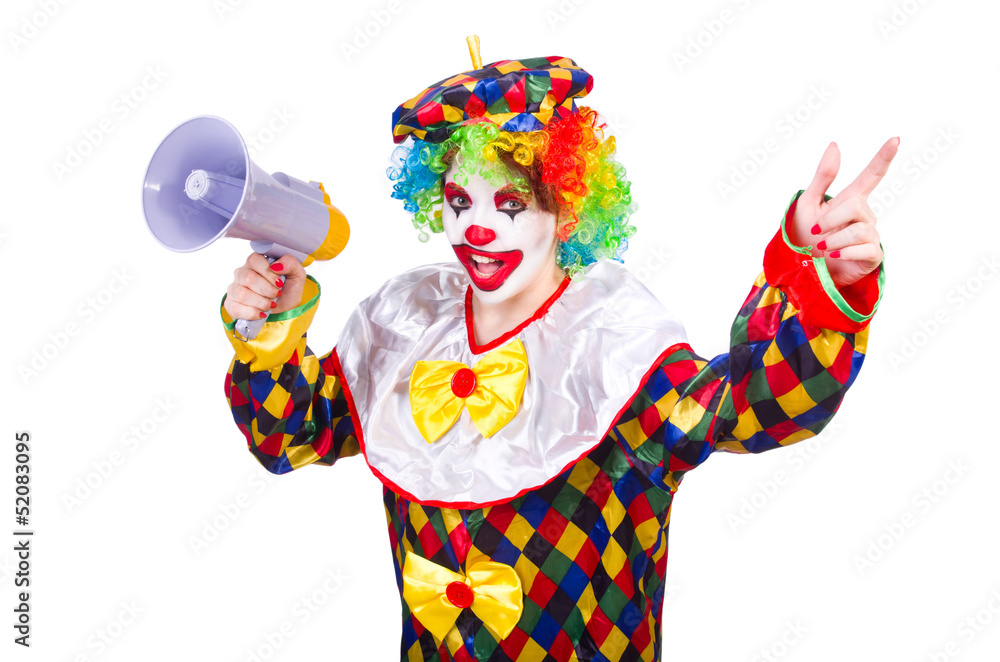 Clown with loudspeaker on white