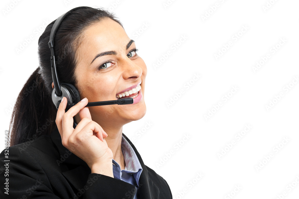 Call center female operator portrait isolated on white Call center female operator portrait isolated on white