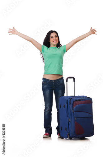 Young woman with suitcase isolated on white