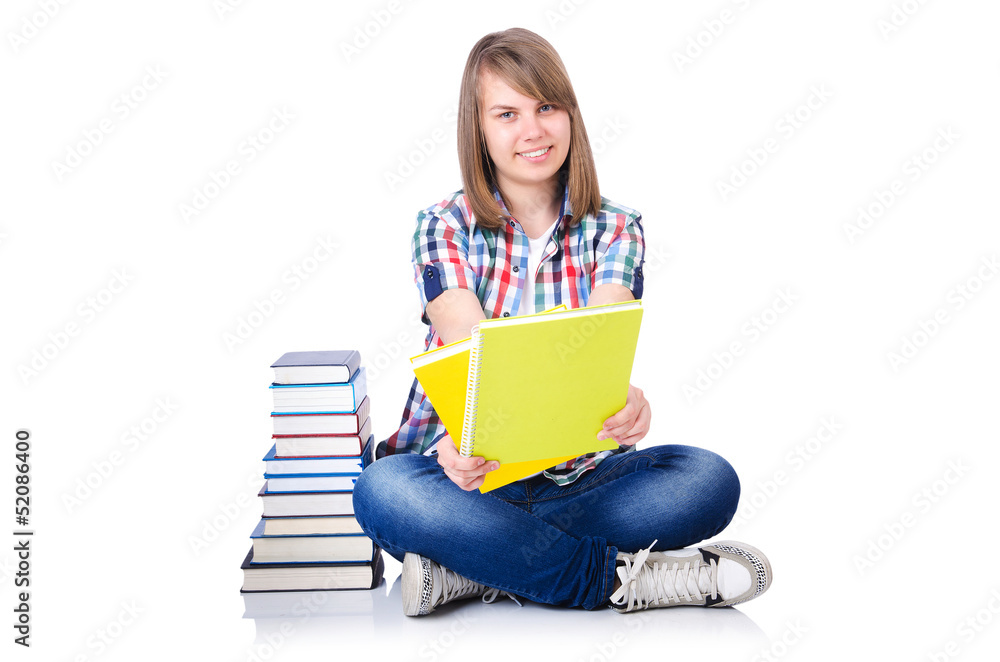 Girl student with books on white Girl student with books on white