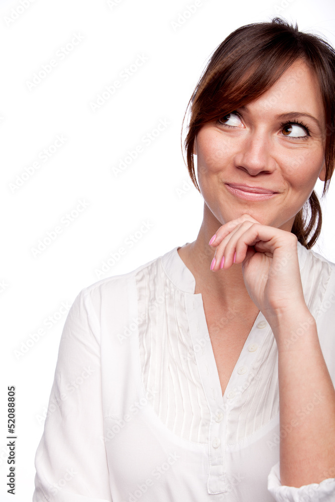 Thinking woman smiling looking up Thinking woman smiling looking up