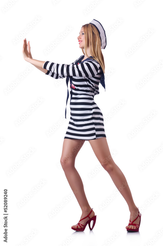 Woman in costume pushing virtual obstacle Woman in costume pushing virtual obstacle