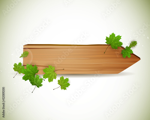 Vector Illustration of a Wooden Board with Leaves
