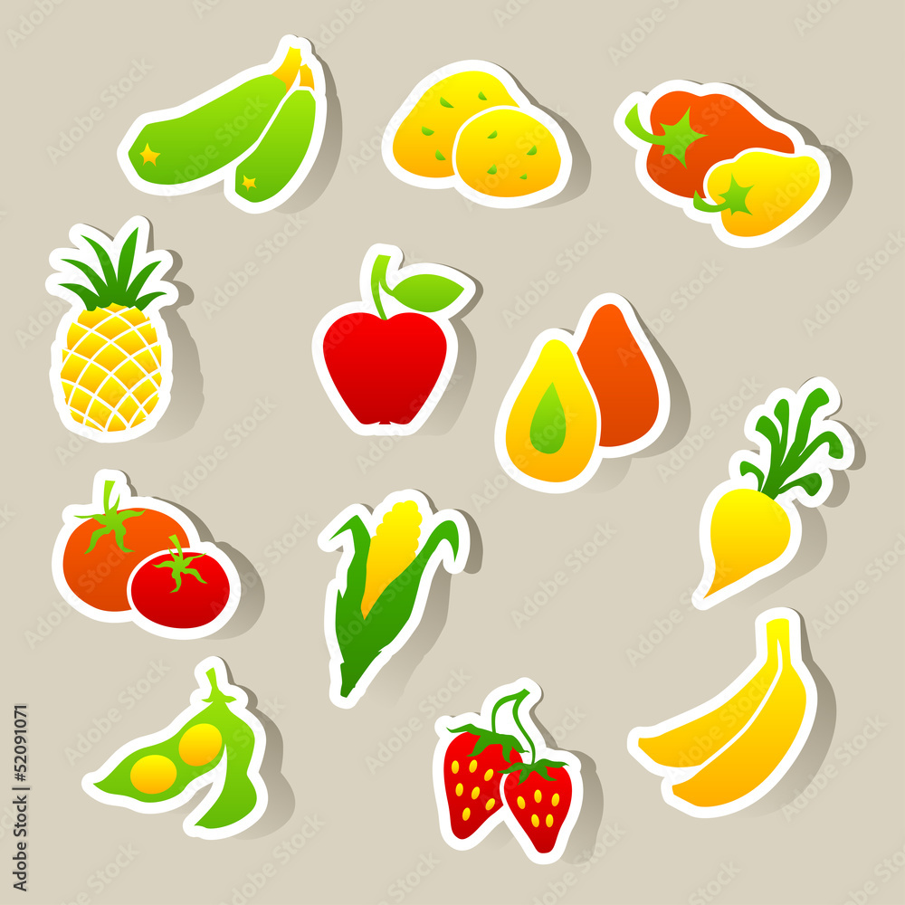 Set of fruit and vegetables stickers. Set of fruit and vegetables stickers.