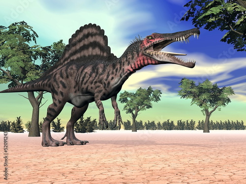 Spinosaurus dinosaur in the desert - 3D render © Elenarts