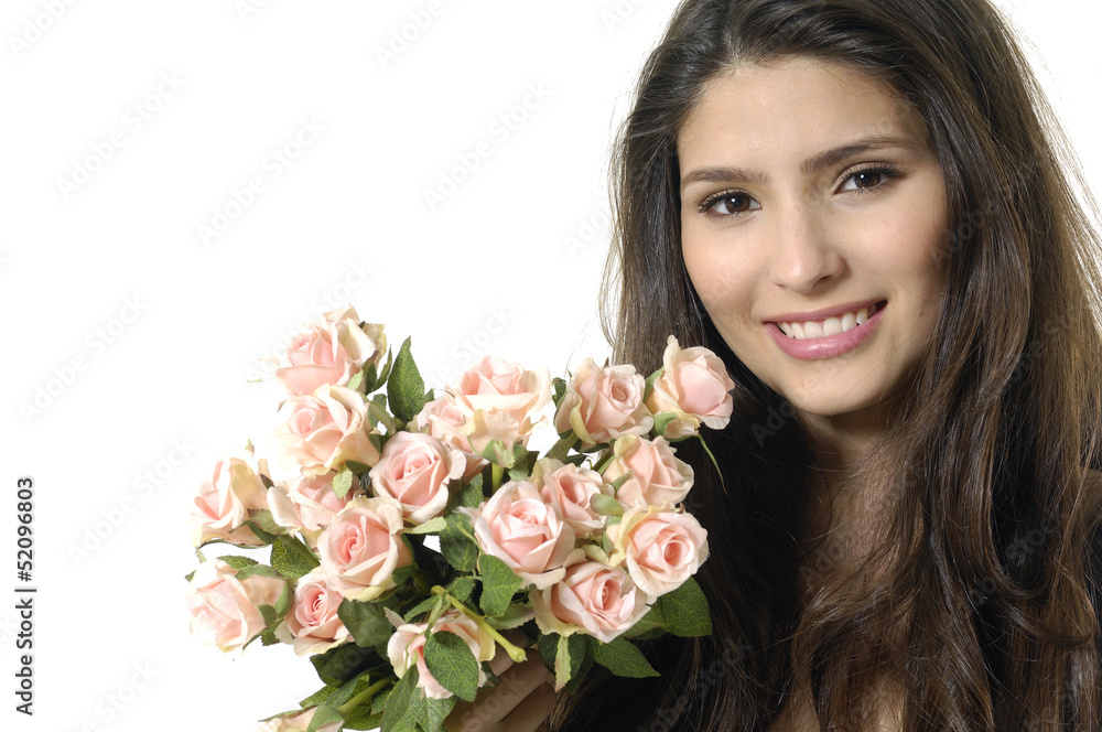 Lovely smile woman with a bouquet of pink roses Lovely smile woman with a bouquet of pink roses