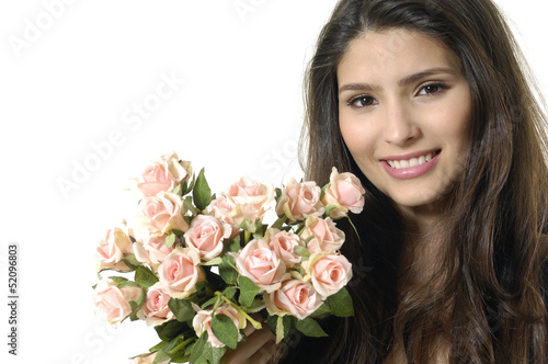 Lovely smile woman with a bouquet of pink roses