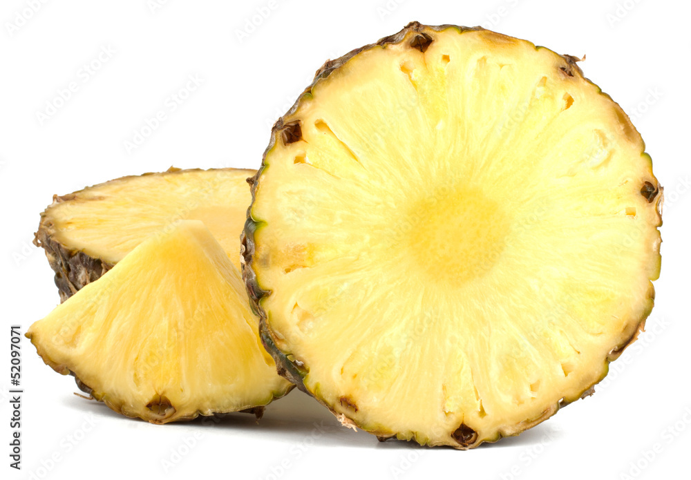 Juicy pineapple with slices isolated on white background