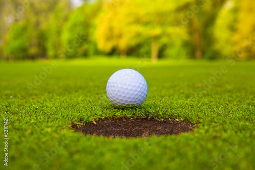 golf ball on lip of cup.