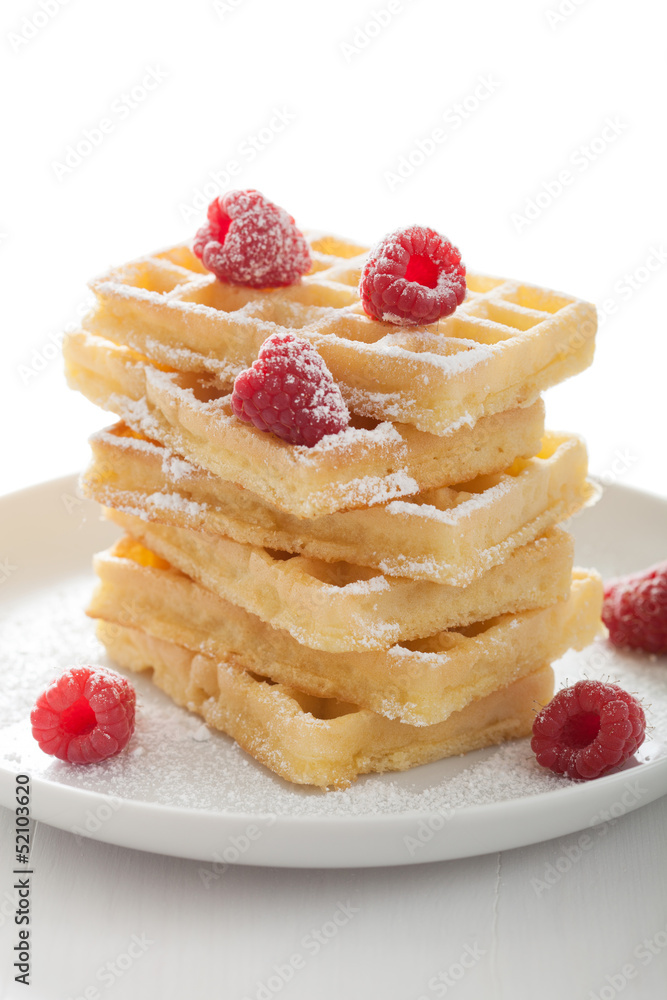 waffle with raspberry and icing sugar waffle with raspberry and icing sugar