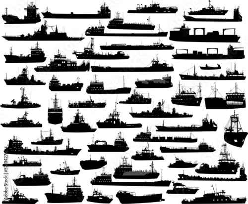 Set of 54 silhouettes of sea yachts, towboat and the ships