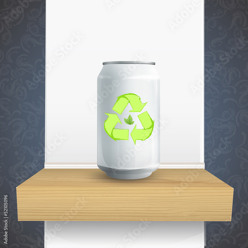 Tin with recycling icon on shelf.