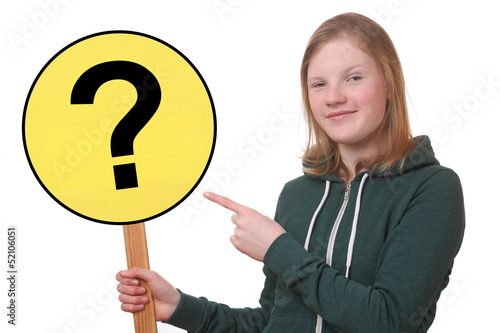 Wallpaper Mural Mädchen zeigt ein Schild mit Fragezeichen Torontodigital.ca