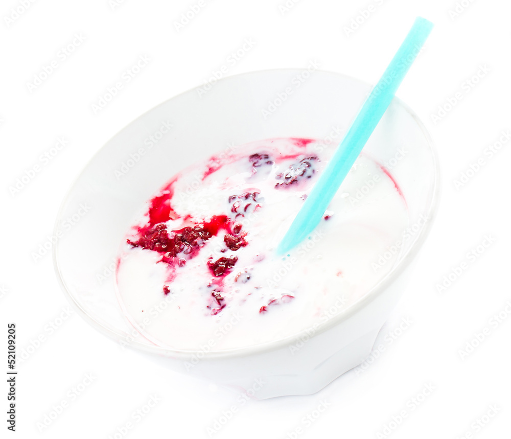 Fresh yogurt with blackberry in a white bowl, isolated Fresh yogurt with blackberry in a white bowl, isolated
