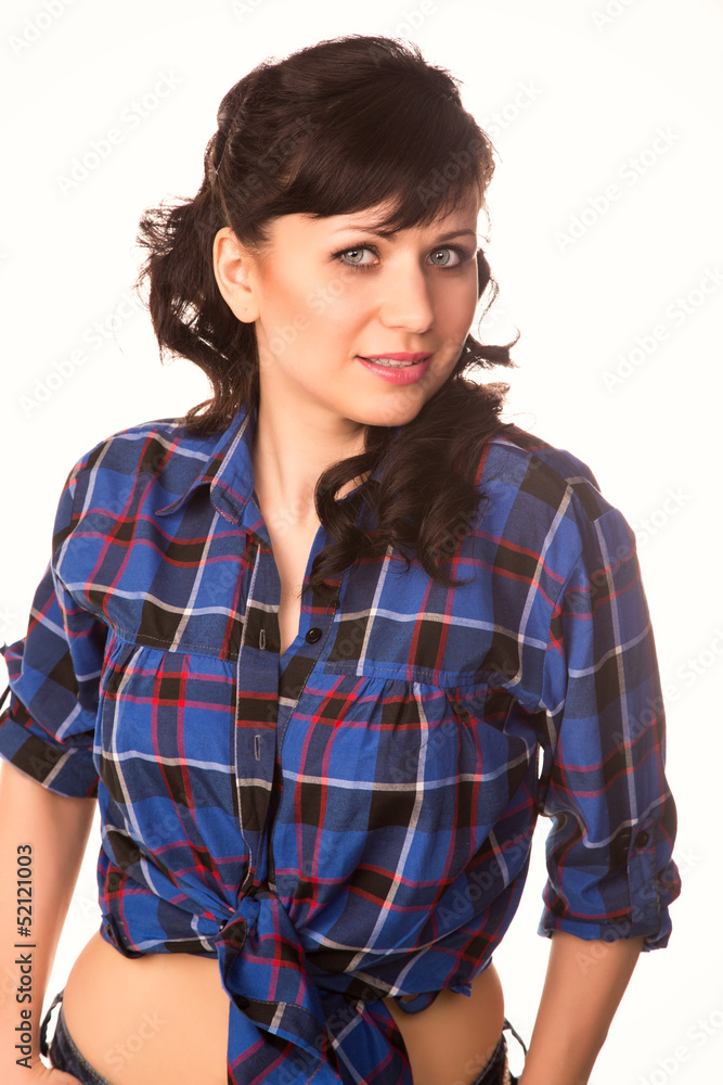 Beautiful sexy girl in casual shirt and jeans isolated