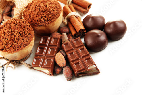 Composition of chocolate sweets, cocoa and spices, isolated
